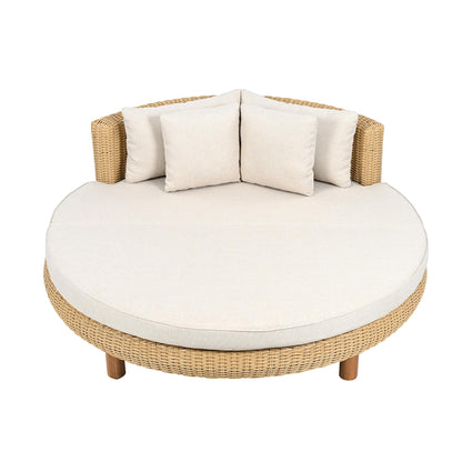 Scott Living Jennie Outdoor Round Wicker Daybed with Water-Resistant Beige Cushions and Pillows, Garden Daybed Sofa, PE Rattan Patio Lounger for Garden, Poolside, Natural+Beige