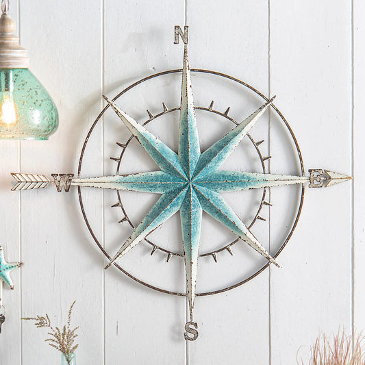BLACK FOREST DECOR - Blue Nautical Compass Wall Art - Coastal Metal Wall Décor - 36 3/4" W x 1 1/3" D x 33 3/5" H