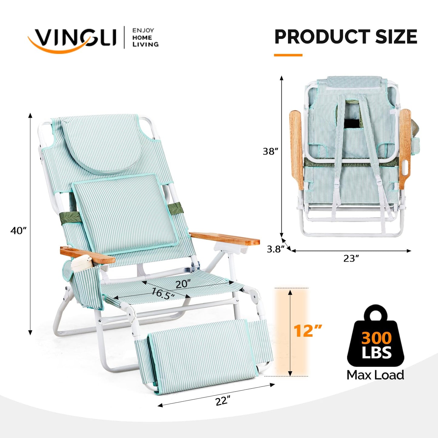 VINGLI Deluxe 3 in1 Beach Chair, Tanning Chair with Face Hole, Reclining Lounge with Foot Rest, Cup Holder and Storage Bag，Beach Lounge for Outdoor Pool-Yellow