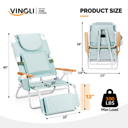 VINGLI Deluxe 3 in1 Beach Chair, Tanning Chair with Face Hole, Reclining Lounge with Foot Rest, Cup Holder and Storage Bag，Beach Lounge for Outdoor Pool-Yellow