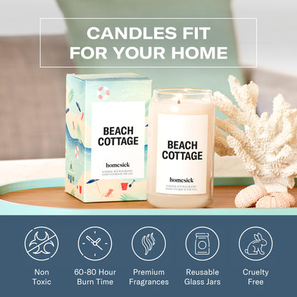 Homesick Scented Candles for Home (Beach Cottage) - Long-Lasting Natural Soy Wax Blend Jar Candle Gifts for Women & Men, 60-80 Hours Burn Time - Notes of Bergamot & Sandalwood