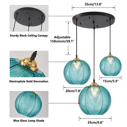 KCO Lighting Modern 3-Light Blue Striped Glass Pendant Light Fixture Nordic Glass Ball Cluster Chandelier Vintage Large Globe Pendant Lighting Mid-Century Black Island Light for Kitchen