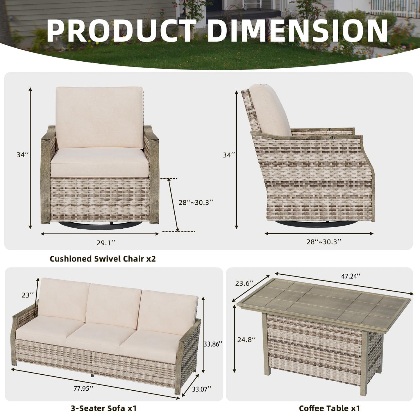 MELLCOM 4 Pieces Outdoor Patio Furniture Set with Swivel Chairs, All Weather Rattan Wicker Patio Conversation Set with 3-Seater Sofa, Coffee Table for Patio, Balcony, Porch, Deck