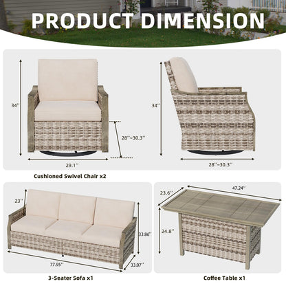 MELLCOM 4 Pieces Outdoor Patio Furniture Set with Swivel Chairs, All Weather Rattan Wicker Patio Conversation Set with 3-Seater Sofa, Coffee Table for Patio, Balcony, Porch, Deck