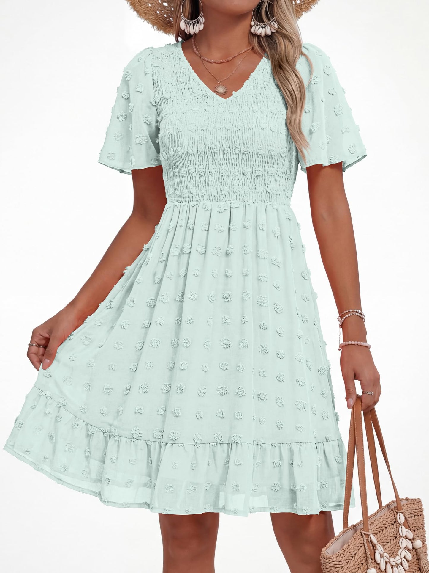 BTFBM Womens Beach Vacation Dress Summer 2026 V Neck Short Sleeve Smocked Swiss Dot Ruffle Casual Spring Mini Dresses(Light Green, XX-Large)