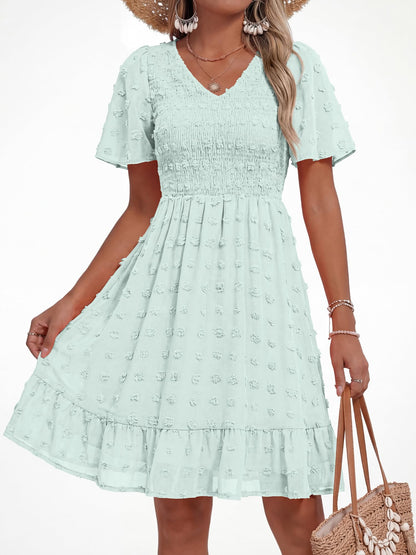 BTFBM Womens Beach Vacation Dress Summer 2026 V Neck Short Sleeve Smocked Swiss Dot Ruffle Casual Spring Mini Dresses(Light Green, XX-Large)