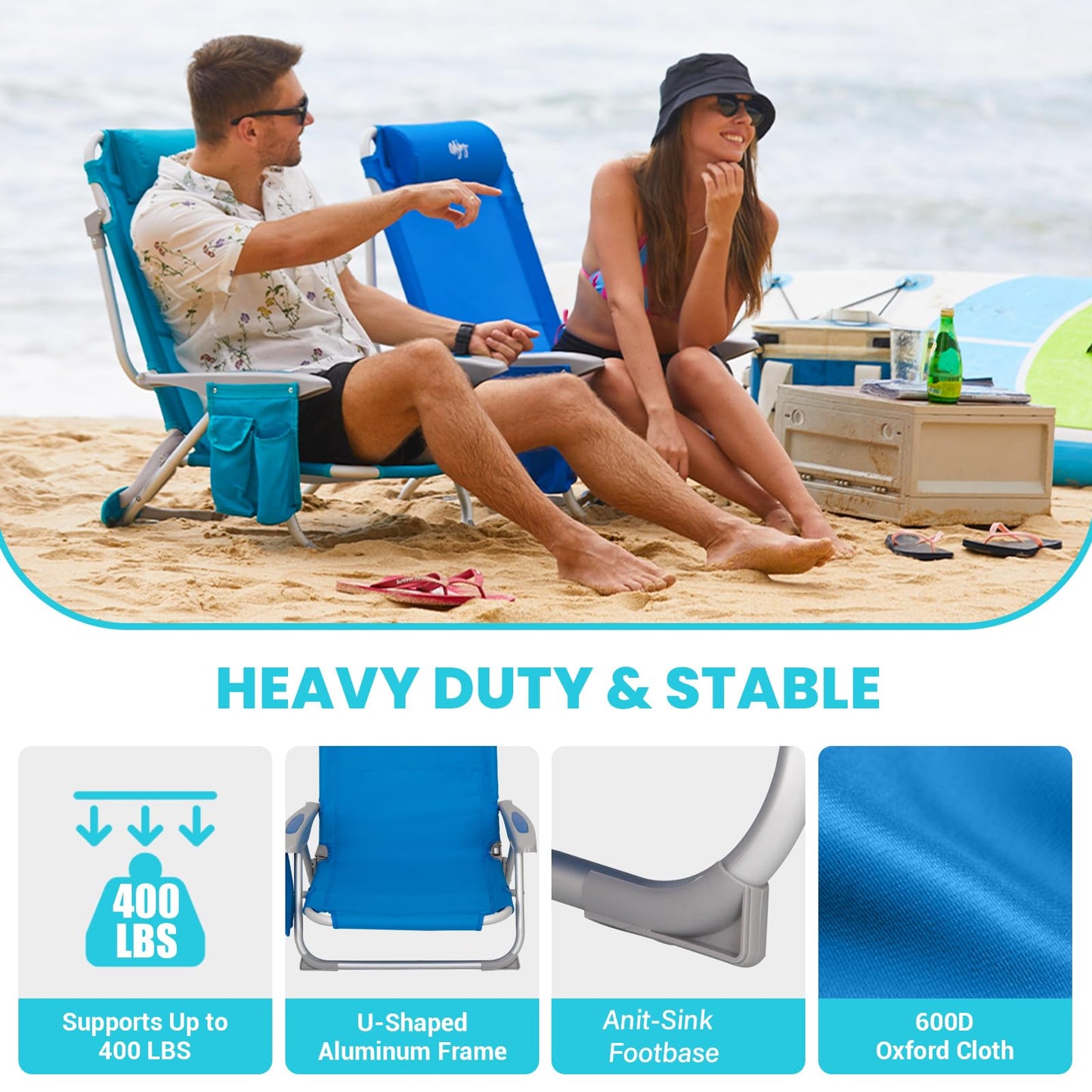 #WEJOY Beach Chair for Adults, Reclining Adjustable Position,Lay Flat Lightweight Folding Portable Aluminum Chair with Backpack Straps,Padded headrest, Heavy Duty 400 lbs Lawn Chair for Beach, 2 Pack