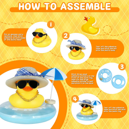Rubber Duck with Blue Hat, Swimming Ring, Sunglasses, Gold Necklace & Sun Umbrella - Cute Car Decor for Jeep, Summer Beach Party, Home Desk Decoration, DIY Accessories