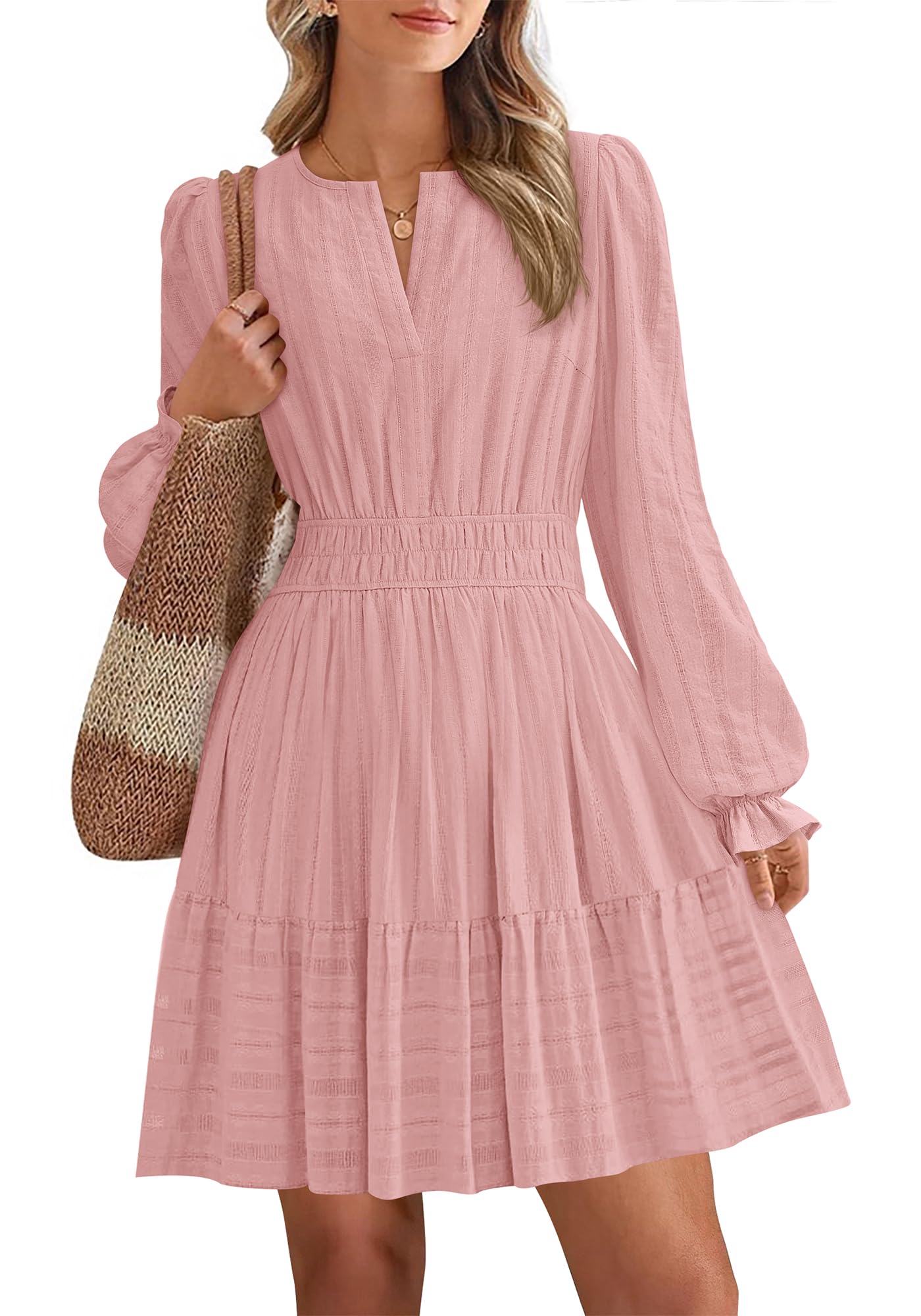 BTFBM Mini Dresses for Women 2026 Casual Lightweight Long Sleeve V Neck A Line Elastic Waist Party Holiday Dress(Pink, XX-Large)