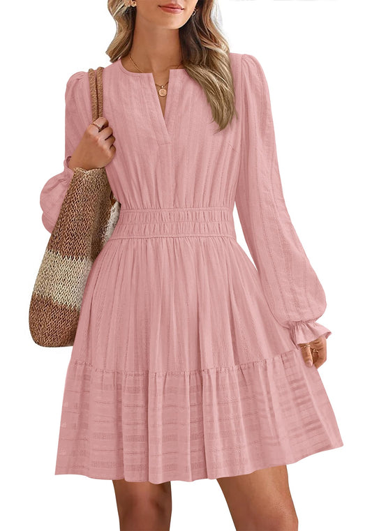 BTFBM Mini Dresses for Women 2026 Casual Lightweight Long Sleeve V Neck A Line Elastic Waist Party Holiday Dress(Pink, XX-Large)