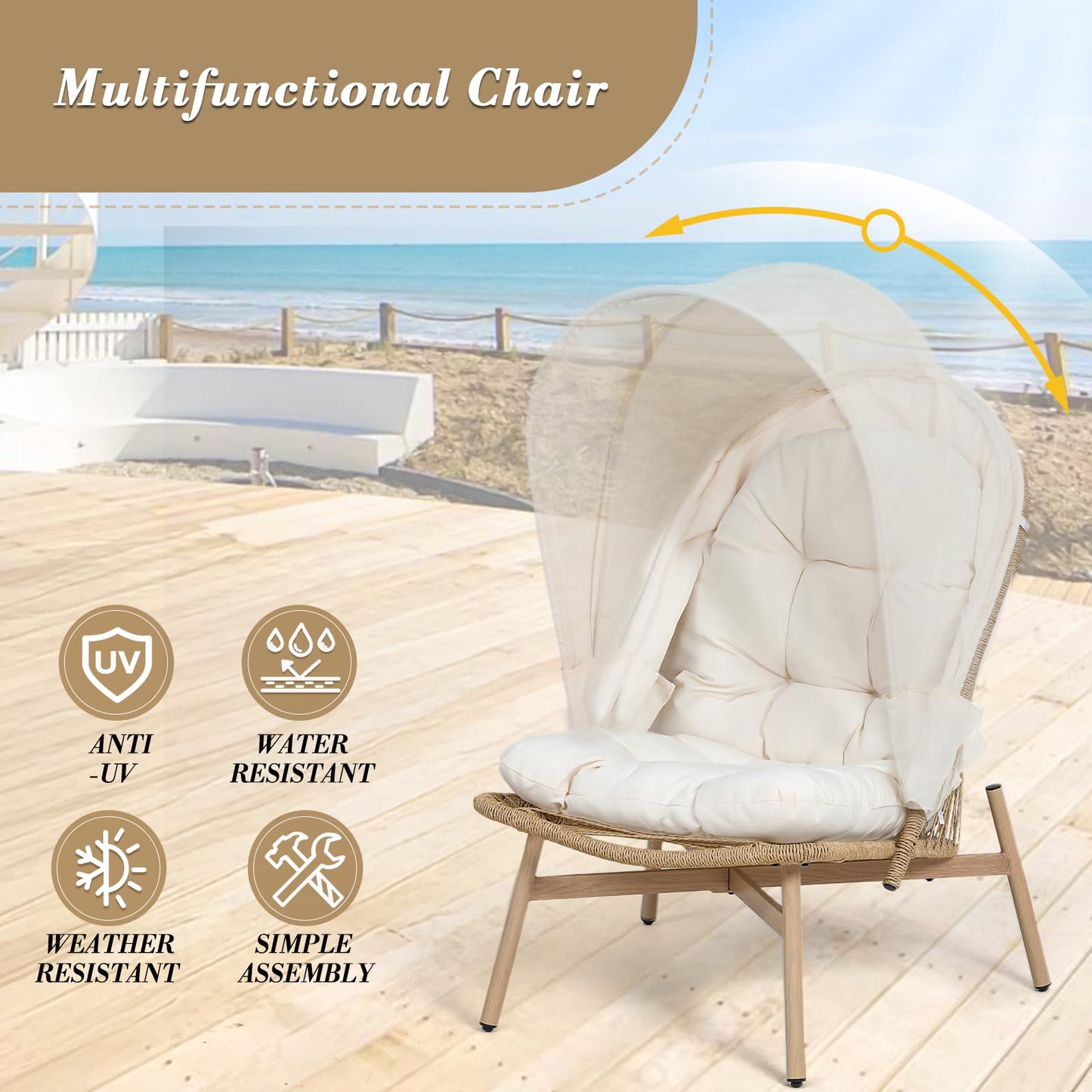 Athena Collection Patio Wicker Egg Chair with Folding Canopy, All-Weather Rattan Patio Lounge Chair with Sun Shade, Balcony Furniture Outside Seating for Front Porch, Garden, Poolside, Outdoor, Beige
