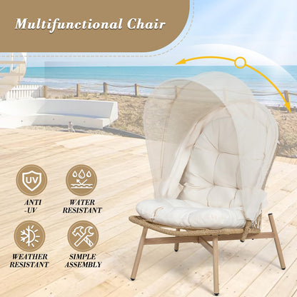 Athena Collection Patio Wicker Egg Chair with Folding Canopy, All-Weather Rattan Patio Lounge Chair with Sun Shade, Balcony Furniture Outside Seating for Front Porch, Garden, Poolside, Outdoor, Beige
