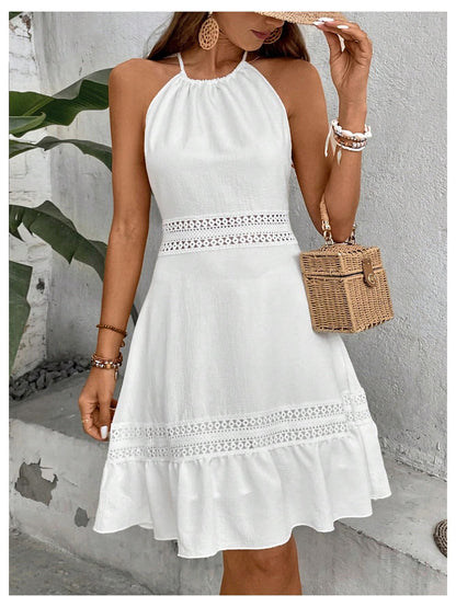 Floerns Women's Contrast Lace Sleeveless Halter Dress Backless Vacation A Line Dress White Large