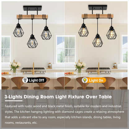 Feanron 3-Lights Farmhouse Dining Room Pendant Light Fixtures Over Table, Rustic Solid Wood Kitchen Island Lighting Hanging with Metal Shades, Modern Black Ceiling Pendant Lamp for Living Room Hallway