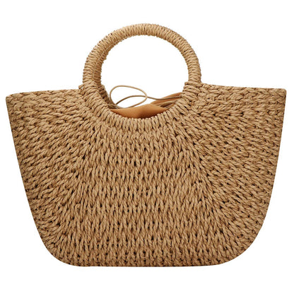 Bryqona Large Woven Straw Tote with Round Handle for Women, Retro Style Hobo Purse, Spacious Summer Beach Bag for Travel (khaki)
