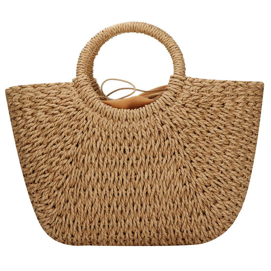 Bryqona Large Woven Straw Tote with Round Handle for Women, Retro Style Hobo Purse, Spacious Summer Beach Bag for Travel (khaki)
