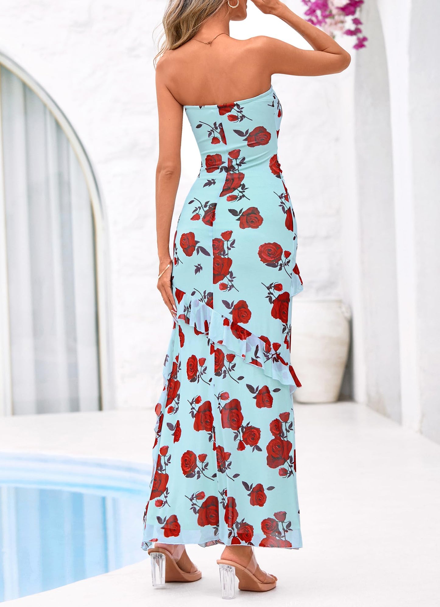 BTFBM Off The Shoulder Dresses for Women Summer 2026 Strapless Ruffle Sundress Slit Formal Cocktail Wedding Guest Dress(Floral Blue Rose, XX-Large)
