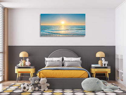 KUNHAAH Wall Art Canvas Painting Blue Sea Beautiful Seascape 1 Piece Ocean Sunset Waves Picture Poster Print Framed and Stretched Ready to Hang for Living Room Bedroom Artework