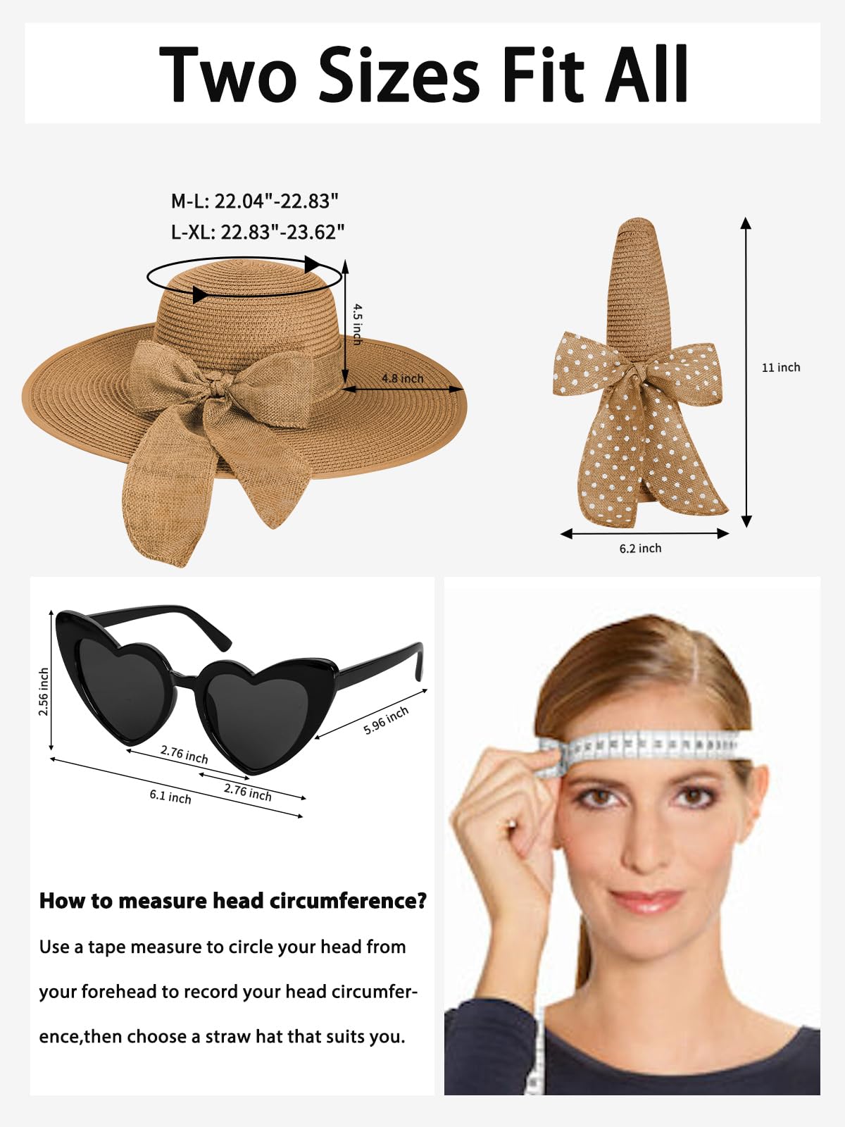 Senker Fashion Sun Hats for Women, Wide Brim Floppy Beach Straw Hat for Summer Travel Vacation Foldable with Sunglasses Khaki