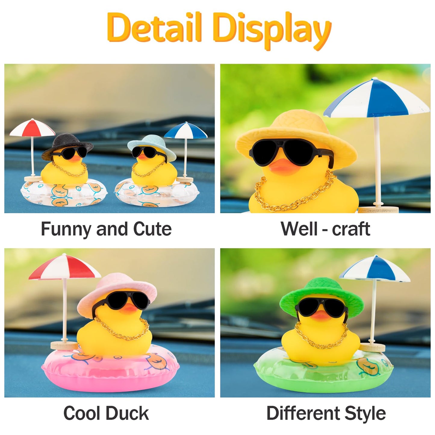 wonuu Rubber Duck Car Ornaments Dashboard Decorations for Cute Accessories with Straw Hat Necklace Sun Umbrella and Sunglasses, Blue