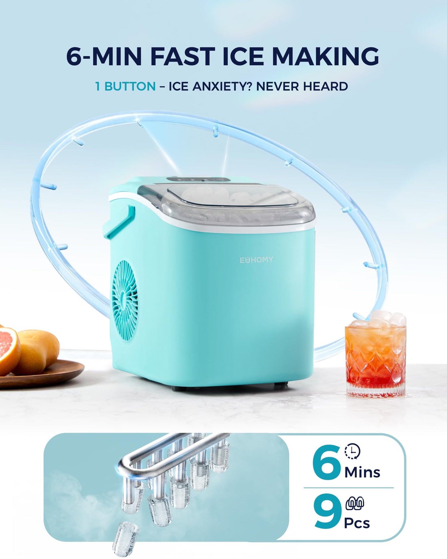 EUHOMY Countertop Ice Maker Machine with Handle, 26lbs Per Day, 9 Ice Cubes Ready in 6 Mins, Auto-Cleaning Portable Ice Maker with Basket and Scoop, for Home/Kitchen/Camping/RV (Green)
