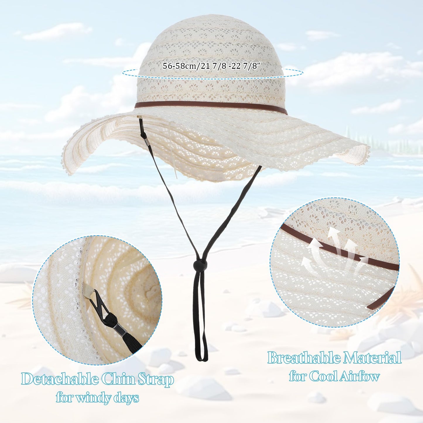 Oweisong Beach Hats for Women Summer Sun Hat Floppy Packable Wide Brim Lace Hats for Vacation Travel