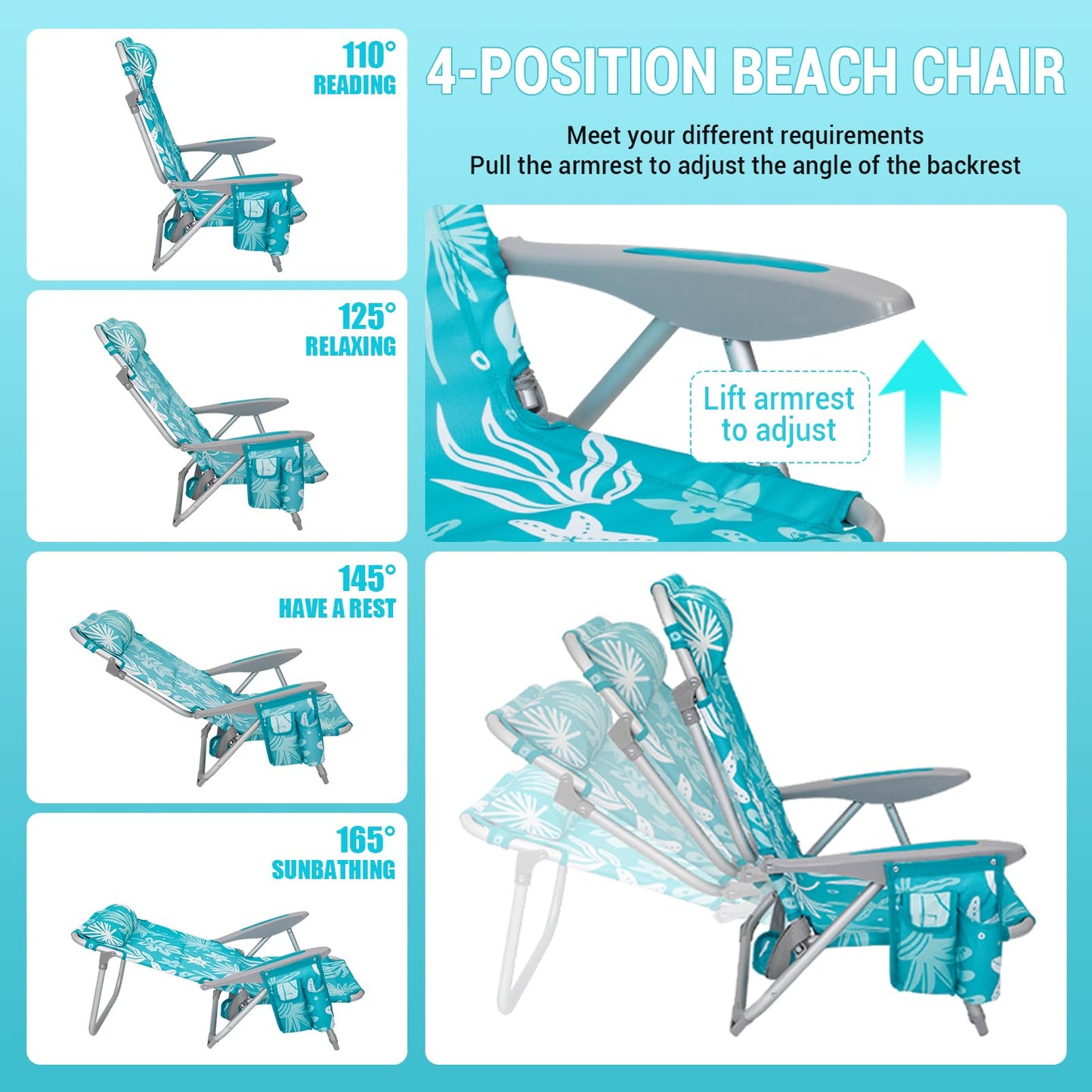 #WEJOY Beach Chair for Adults, Reclining Adjustable Position,Lay Flat Lightweight Folding Portable Aluminum Chair with Backpack Straps,Padded headrest, Heavy Duty 400 lbs Lawn Chair for Beach, 2 Pack