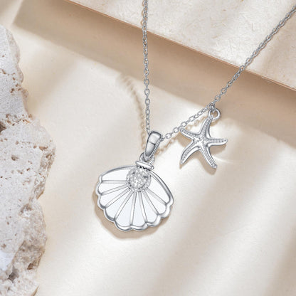LWXIE Diamond Shell Starfish Necklace 925 Sterling Silver Sea Shell Charm Necklace for Women Beach Jewelry Gifts for Birthday