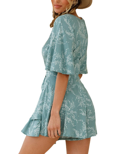 Relipop Women's V Neck Summer Romper Floral Half Sleeves Waist Tie Jumpsuits Wide leg Ruffle Vacation Casual Rompers Outfit Lake Blue Medium