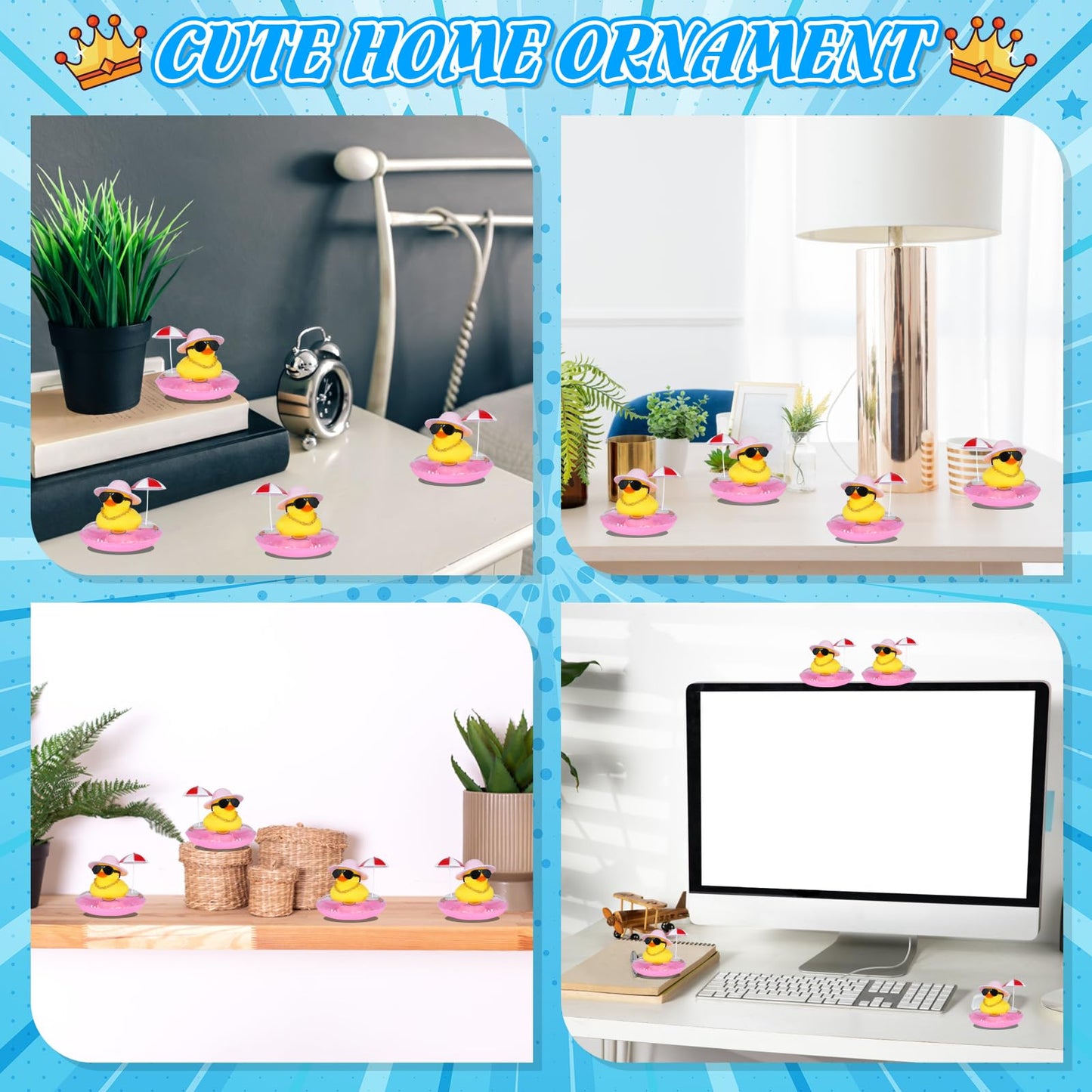 Rubber Duck Car Decorations with Pink Sun Hat, Umbrella & Sunglasses, Funny Dashboard Accessories for Cars, DIY Cute Duck Ornaments with Squeak Sound