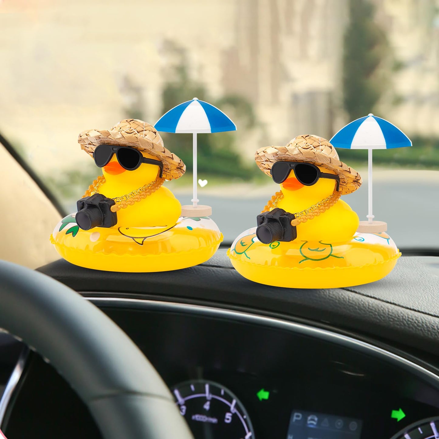 wonuu Car Rubber Ducks, Dashboard Decorations Swimming Duck for Car Ornament Accessories with Straw Hat, Glasses, Sunglasses, Sun Umbrella, Swim Ring, Mini Camera Dolphin Ring Yellow