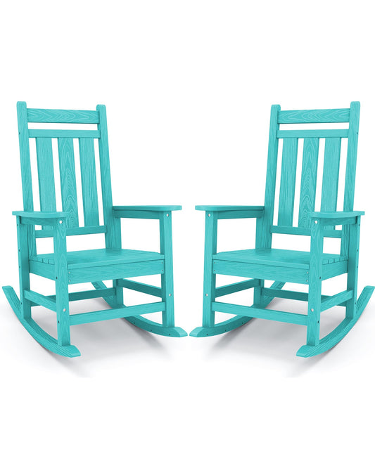 KINGYES Outdoor Rocking Chair Set of 2, All-Weather Patio Rocking Chairs for Porch, HDPE Rocking Outdoor Chairs with High Back for Adult, Heavy Duty Outdoor Patio Rockers for Garden, Lawn, Aruba