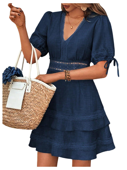 SOLY HUX Women's Summer Dress Hollow Out Lace V Neck Puff Short Sleeve A Line Layered Short Dresses Plain Dark Blue Small