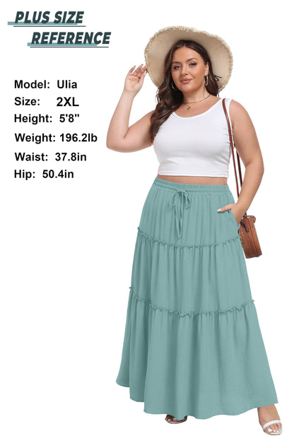Lepunuo Casual Boho High Waisted Flowy Maxi Skirts Womens Trendy Spring Skirts with Pockets