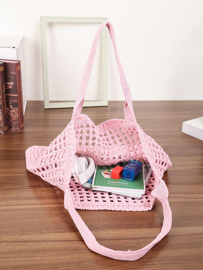 ENBEI Women's Beach Tote Bag, Crocheted Knit Hollow Design, Stylish & Spacious Tote for Beach,Travel,and Everyday Use,Cute Aesthetic Summer Handbag (Pink)