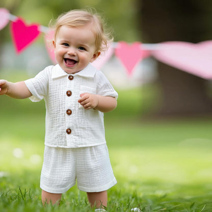 Baby Boys Clothes Set Toddler Infant Boys Button-down Shirt Tops + Cotton Gauze Shorts Summer Outfit 2PCS with Pockets (White, 6-12 Months)