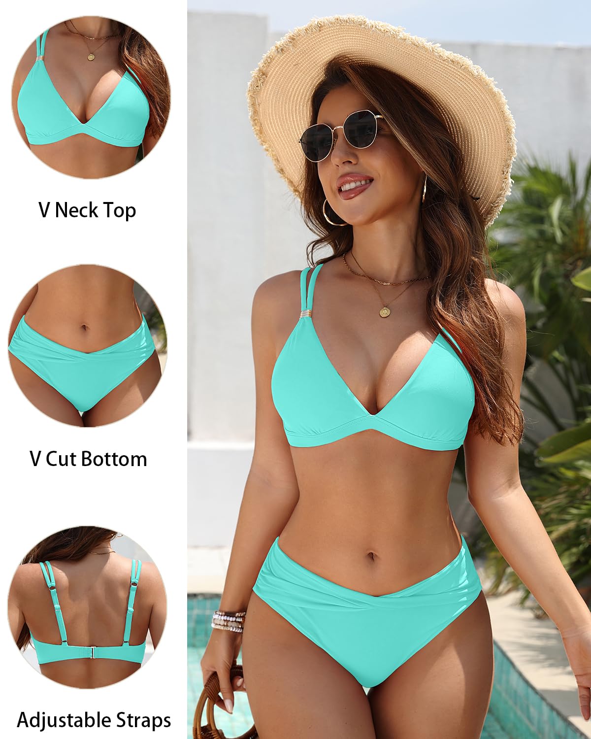 Women Bikini Sets - Two Piece Swimsuit Low Rise Bathing Suit 2026 Double Strap Bikini Swimwear Aqua Blue L