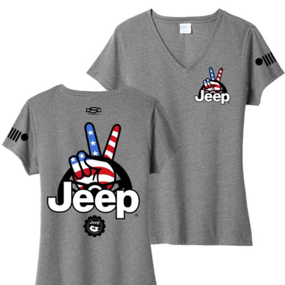 Jeep Ladies Wave USA V-Neck T-Shirt (Heather Grey, XXL)