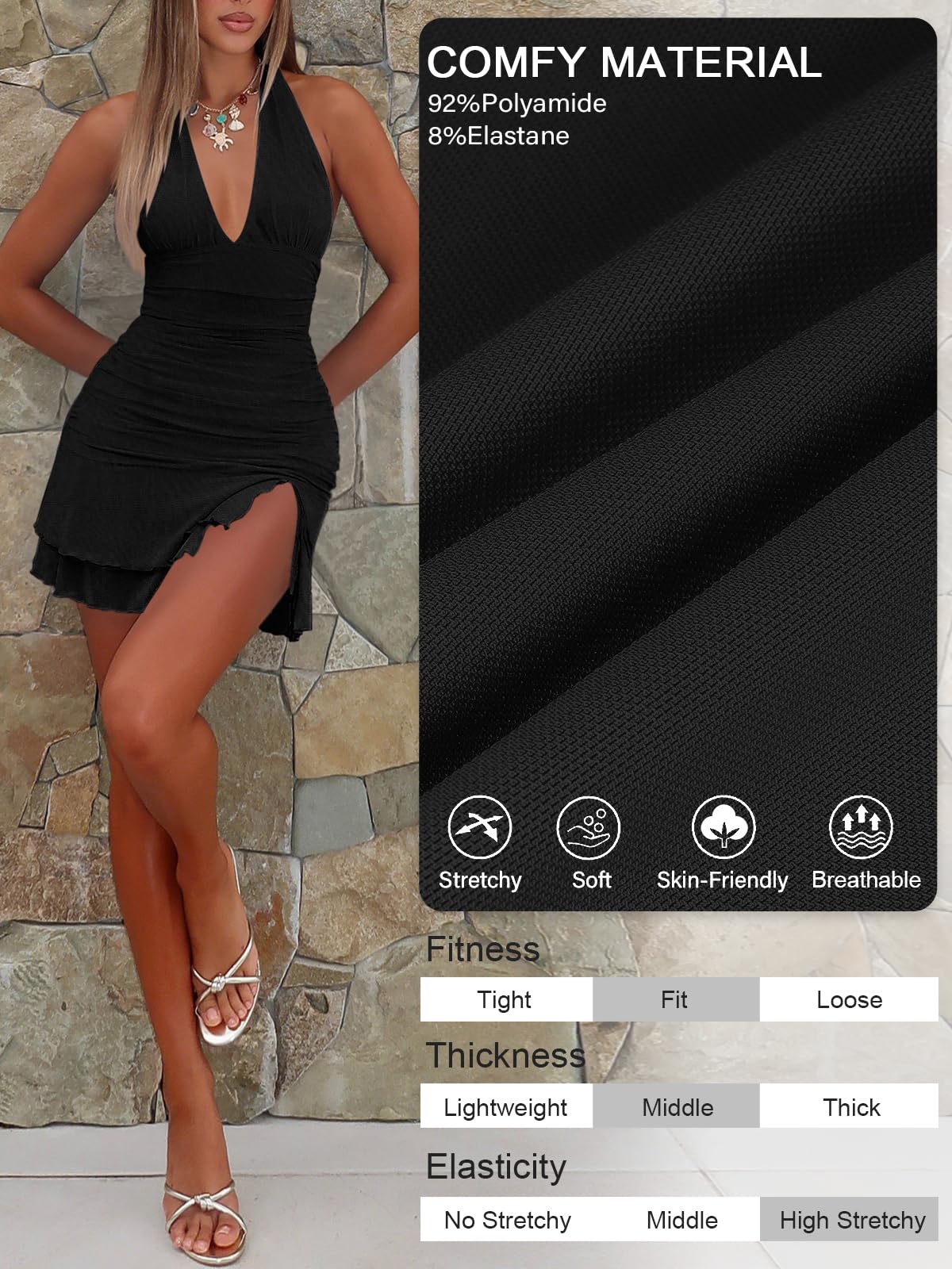MIYIEONZ Women Sexy Halter Deep V Neck Ruched Bodycon Dress Summer Side Slit Mesh Hem Cocktail Club Party Going Out Large Black Short Mini Dresses