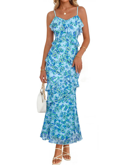 MEROKEETY Spring Wedding Guest Dress for Women 2026 Summer Floral Cocktail Party Beach Vacation Ruffle Bodycon Maxi Dresses, Blue, X-Large