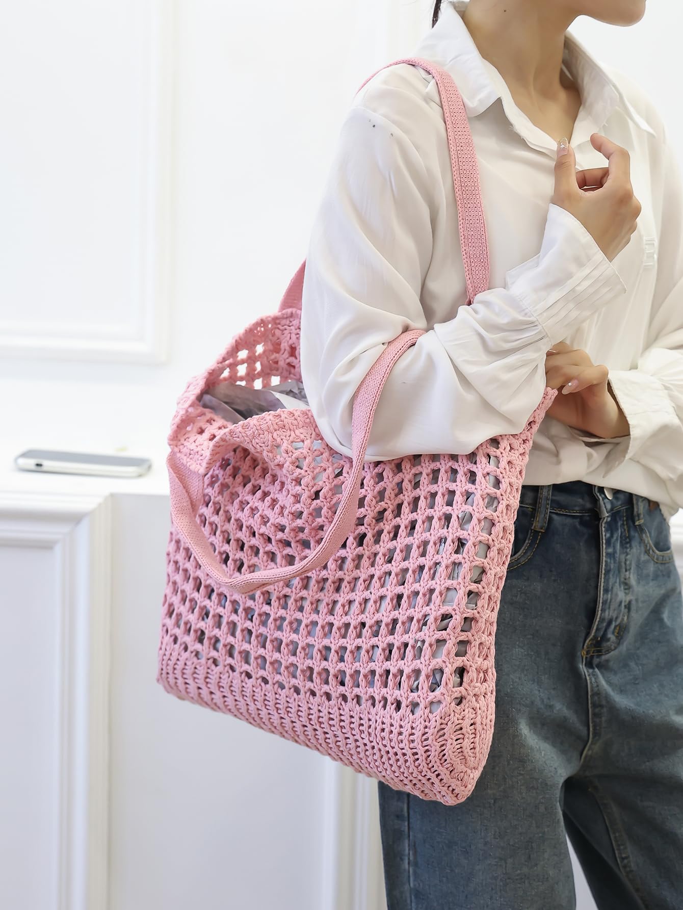 ENBEI Women's Beach Tote Bag, Crocheted Knit Hollow Design, Stylish & Spacious Tote for Beach,Travel,and Everyday Use,Cute Aesthetic Summer Handbag (Pink)