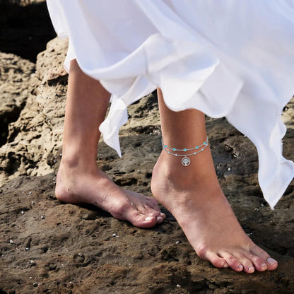 Genuine Turquoise Anklet with mushroom, Sterling Silver Summer Beach Dainty Bohemia Nature Gemstone Jewelry for Women, 9+2''