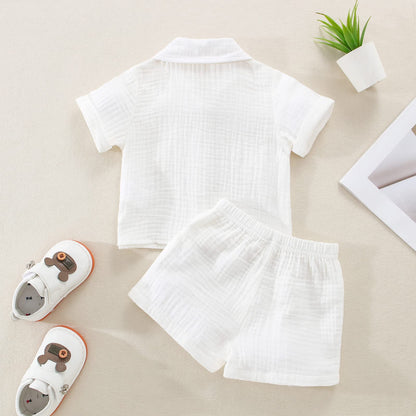 Baby Boys Clothes Set Toddler Infant Boys Button-down Shirt Tops + Cotton Gauze Shorts Summer Outfit 2PCS with Pockets (White, 6-12 Months)
