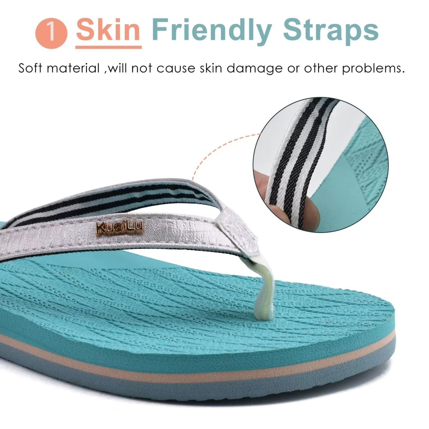 KuaiLu Womens Fashion Flip Flops Ladies Lightweight Summer Beach Yoga Mat Thong Sandals with Comfortable Arch Support Blue White Size 11