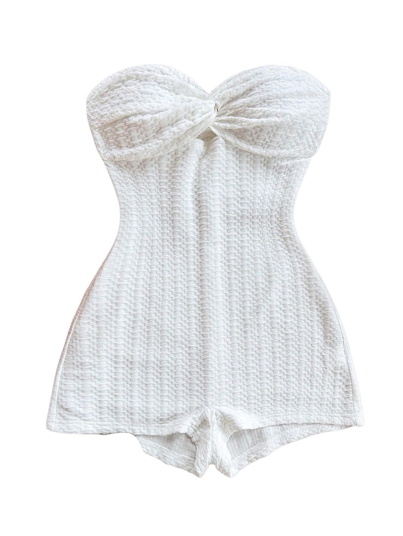 WDIRARA Women's Strapless Twist Front Tube Romper Textured Sleeveless Shorts Jumpsuits White Small
