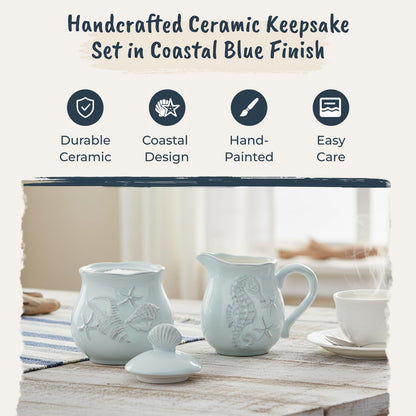 Blue Sky Clayworks Laguna Coastal Sugar & Creamer Set, Ceramic, Sugar Bowl 4" x 4" x 5"; Creamer 5" x 3.5" x 4", Seashell & Seahorse Charm