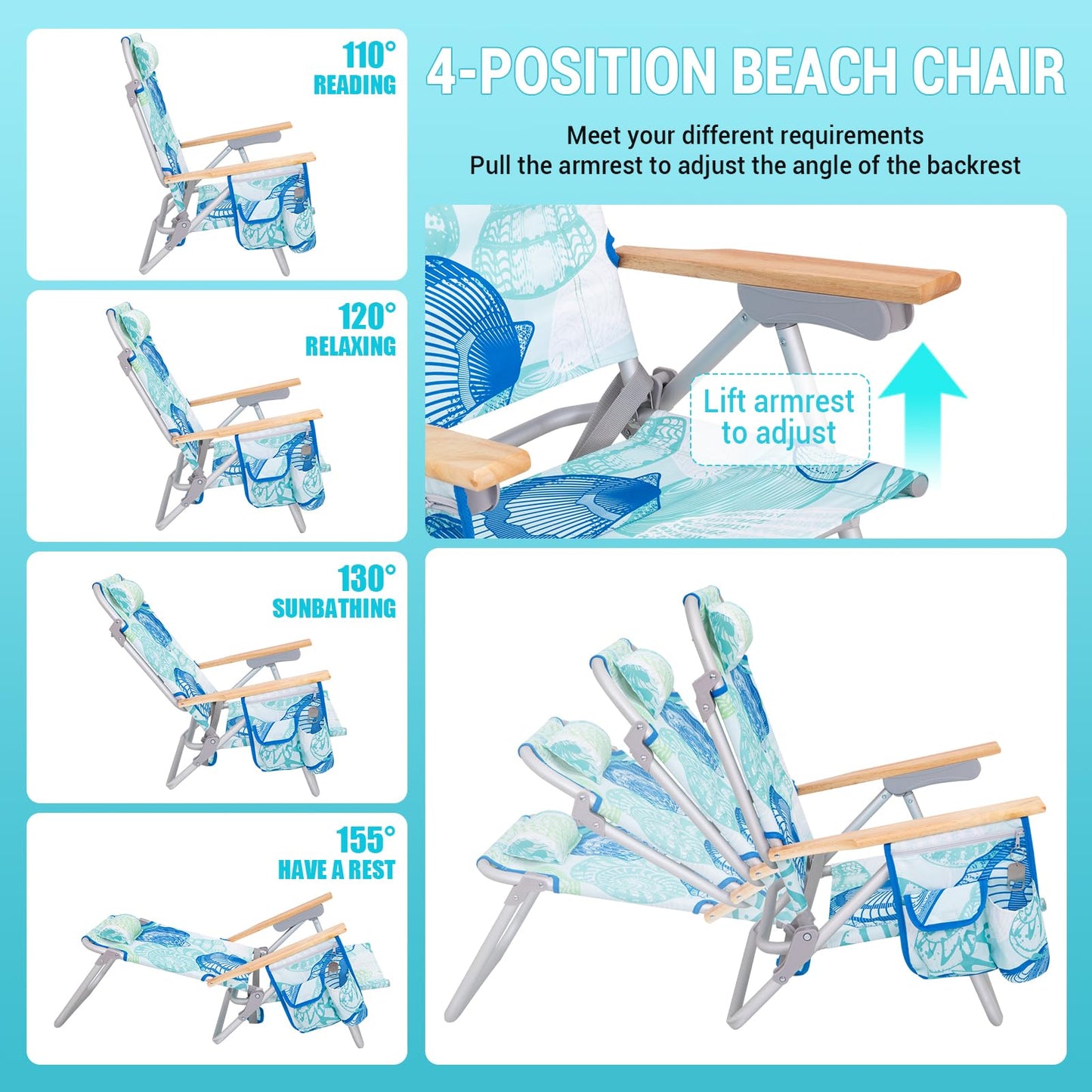 #WEJOY Beach Chair with 4 Positions for Adults Portable Backpack Aluminum Beach Chair with Wooden Armrest Lightweight Folding Chairs with Back Pocket Bag for Lawn Pool Patio Camping (Cyan Green)
