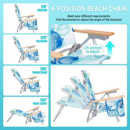 #WEJOY Beach Chair with 4 Positions for Adults Portable Backpack Aluminum Beach Chair with Wooden Armrest Lightweight Folding Chairs with Back Pocket Bag for Lawn Pool Patio Camping (Cyan Green)