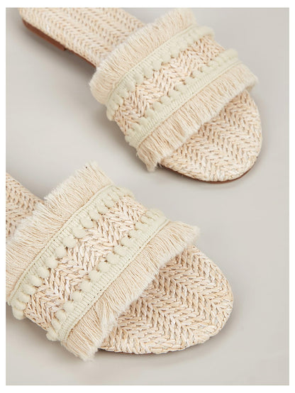 OYOANGLE Women's Fringe Straw Sandals Crochet Open Toe Single Band Flat Slip On Sandals Beige 7