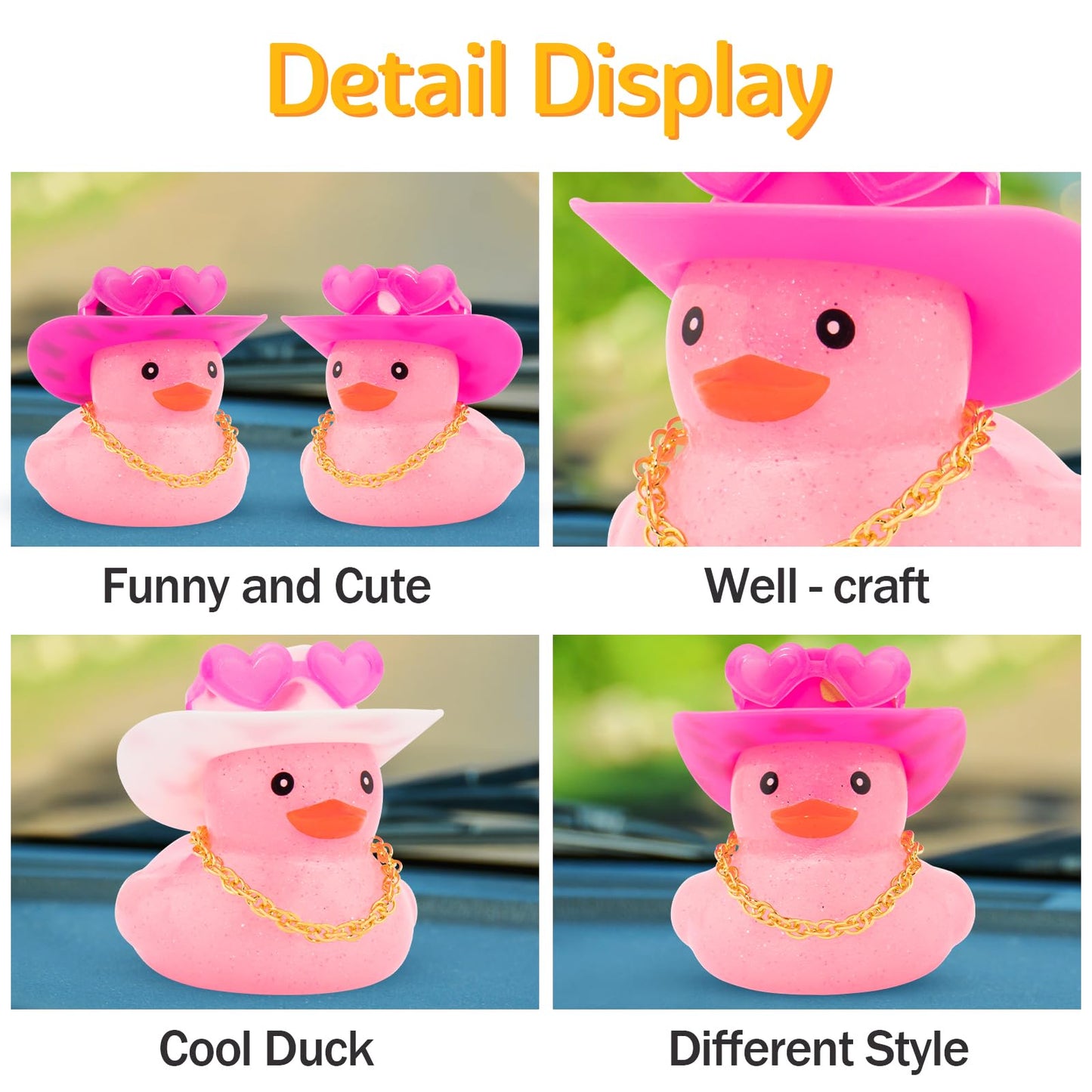 wonuu Car Rubber Ducks Light Pink Cowboy Hat, Dashboard Decorations Sparkling Duck for Car Ornament Accessories with Cap Heart Glasses Chain (Light Pink White)